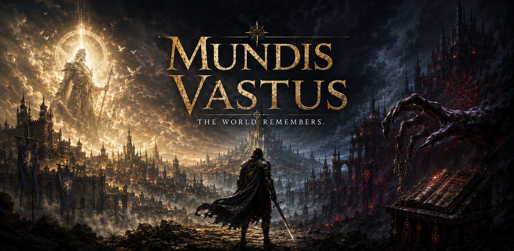 Mundis Vastus — a lone knight before a vast city, light and shadow contending above it
